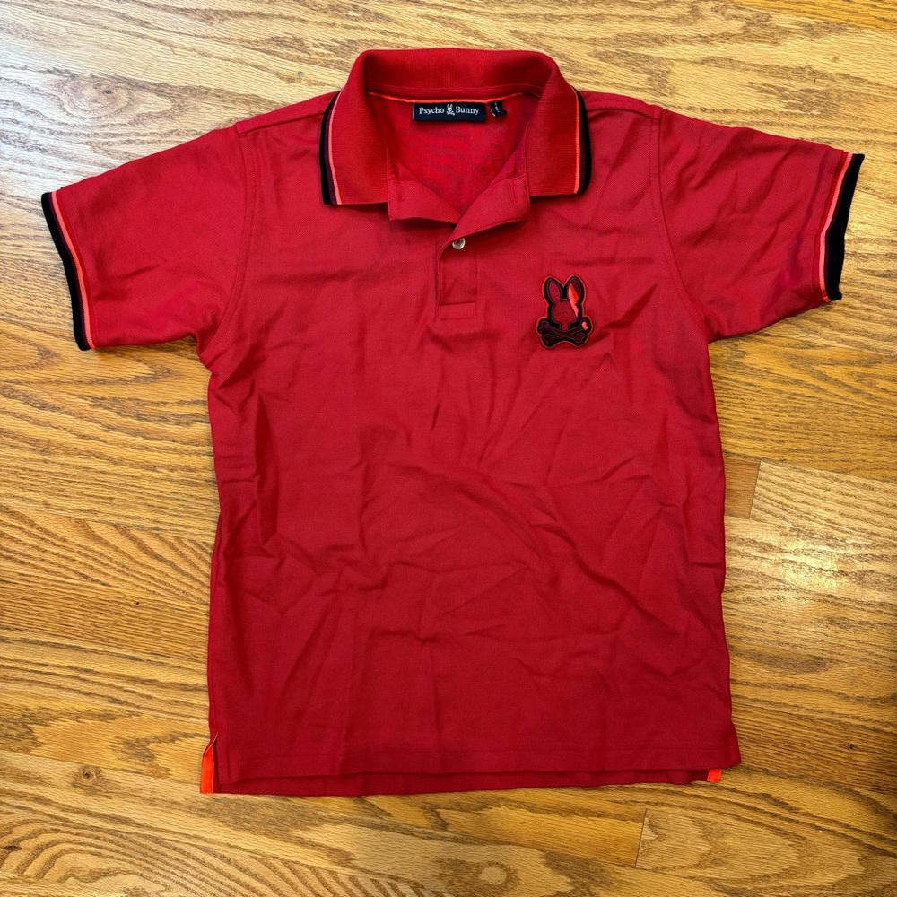 Kids Psycho Bunny polo shirt in red with black/purple/neon pink tipping
